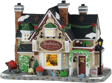 Lemax beatrice's garden supply boutique verlicht kersthuisje Caddington Village 2025 - afbeelding 2