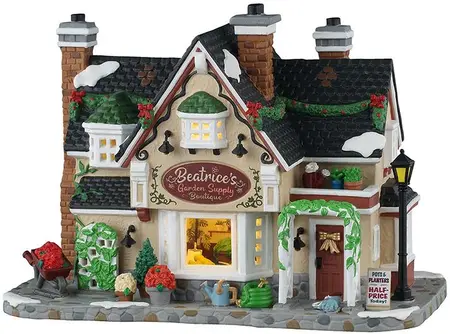 Lemax beatrice's garden supply boutique verlicht kersthuisje Caddington Village 2025 - afbeelding 1