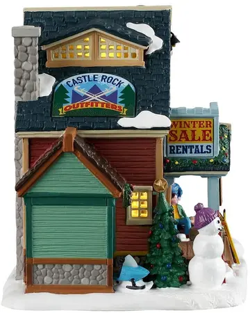 Lemax castle rock ski outfitters verlicht kersthuisje Vail Village 2026 - afbeelding 2