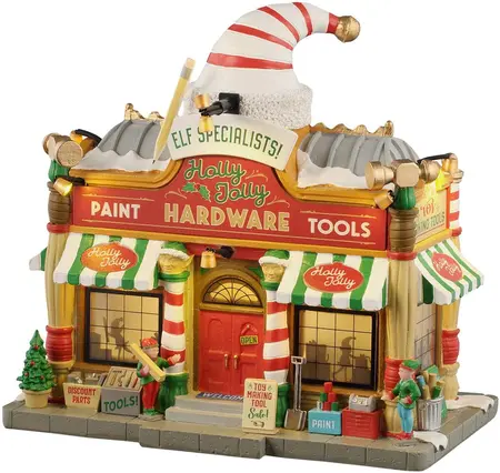 Lemax holly jolly hardware verlicht kersthuisje Santa's Wonderland 2025 - afbeelding 2