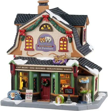 Lemax luna & ollie's custom pet furniture verlicht kersthuisje Caddington Village 2025 - afbeelding 2