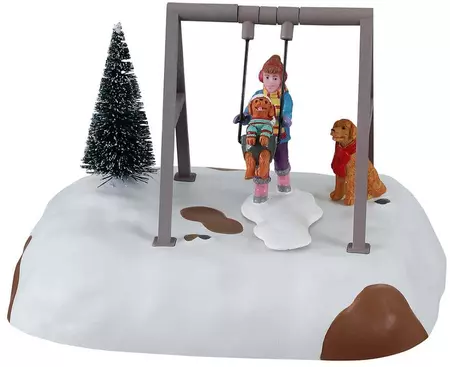 Lemax puppy gets a swing ride bewegend kerstdorp tafereel Harvest Crossing 2021