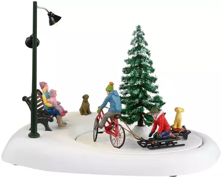Lemax snowbiking with dad bewegend kerstdorp tafereel Vail Village 2023