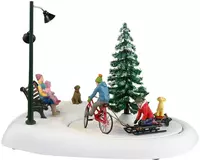 Lemax snowbiking with dad bewegend kerstdorp tafereel Vail Village 2023