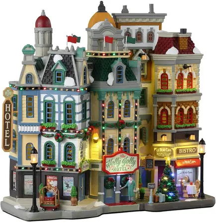 Lemax the holly jolly hotel verlichte facade Caddington Village 2024 - afbeelding 1
